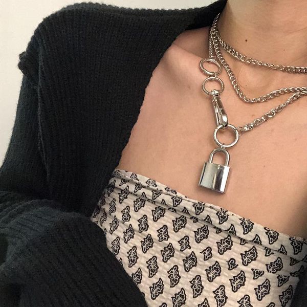

chains aomu european punk silver color metal lock pendant retro irregular geometric hollow circle long chain necklace for women party