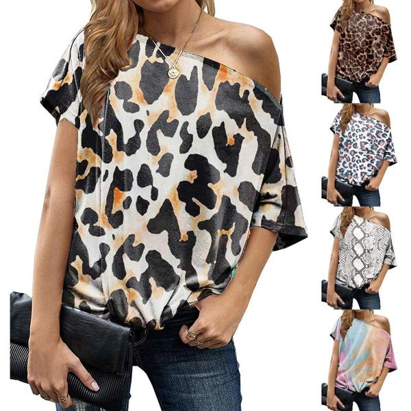 

women's t-shirt women leopard printing short sleeve kink hypotenuse strapless skew collar female clothing streetwear, White