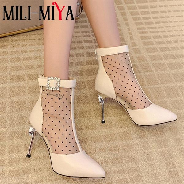

boots mili-miya fashion women cool breathable mesh&microfiber thin heels zipper pointed toe crystal plus size 34-43, Black