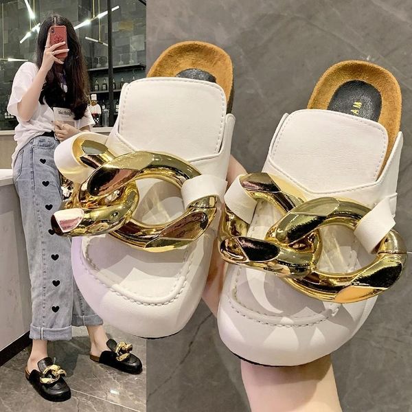 

slippers 2021 sandals women's metal chain half shoes, Black