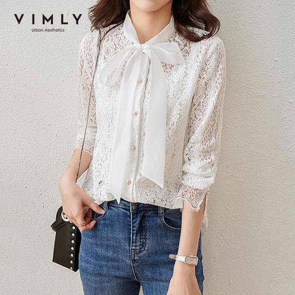 

women's blouses & shirts vimly women elegant office lady patchwork bow button up shirt solid stand collar lace blouse female no vest f, White