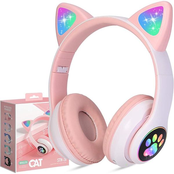 

cat ear wireless headphones gaming headsets pink cute girl phone headset with flash led light for online learning cell earphones