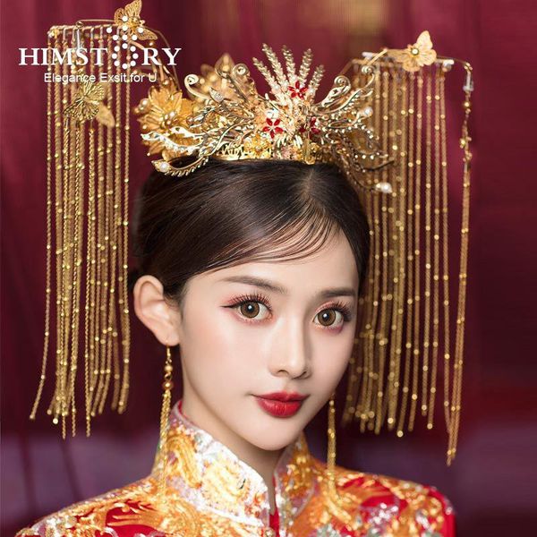 

hair clips & barrettes himstory vintage chinese gold bride headdress tassel phoenix crown decoration stage wedding party accessories, Golden;silver