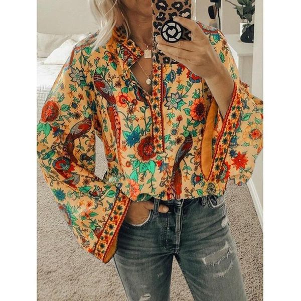 

women's blouses & shirts 2021 peafowl print women blouse shirt casual button long sleeve synthetic fiber loose plusas plus size 5xl, White
