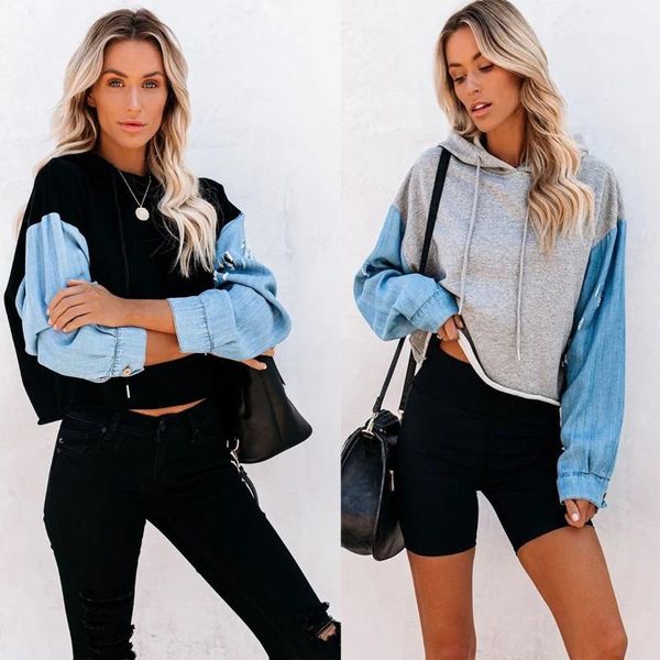 

women's hoodies & sweatshirts autumn and winter fashion casual hooded long-sleeved denim stitching short pullover, Black