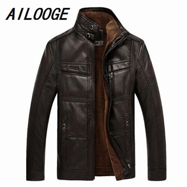 

men's fur & faux jaqueta de couro masculina men leather jacket coat middle-aged pu stand collar size male 4xl, Black