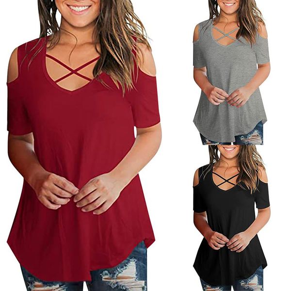 

women's t-shirt womens criss cross casual short sleeve shirt v-neck tees off shoulder t-shirts 2021 femal tee oversize s-2xl, White