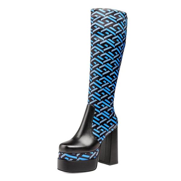 

boots fashion designer print elasticity +leather autumn winter shoes woman knee high heels thick platform, Black
