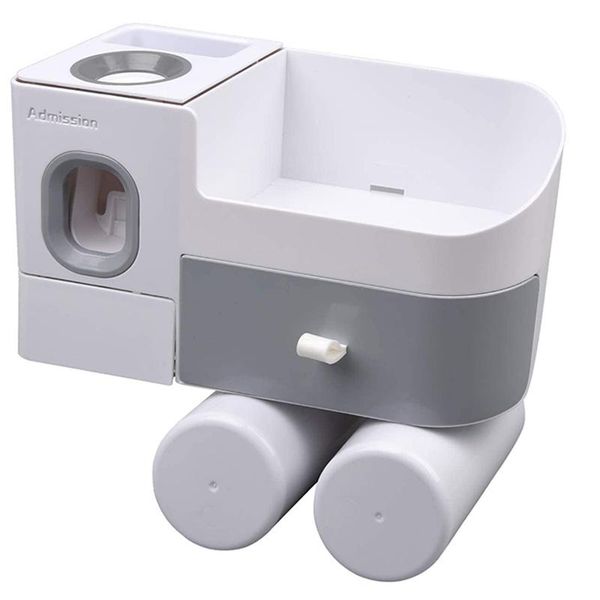 

toothbrush holders,with automatic toothpaste dispenser,wall mounted organizer, 2 cups and drawers cosmetic holders