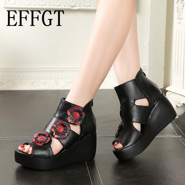 

women genuine leather high heel platform sandals ladies wedges restoring ancient fish mouth shoes, Black