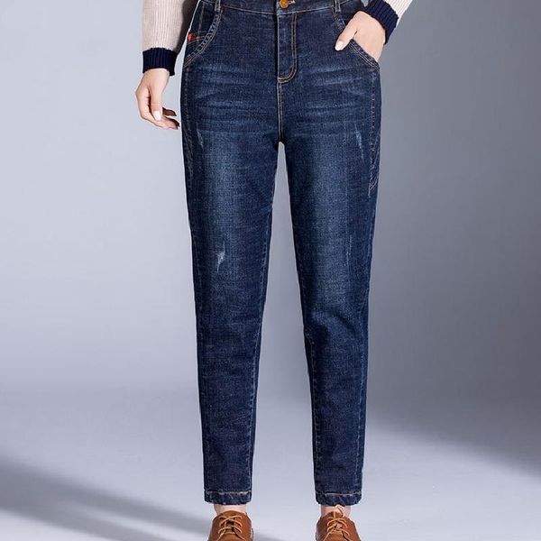 

casual pants women's fashion cowboy female plus velvet thicken jeans girl keep warm lady high quality, Blue