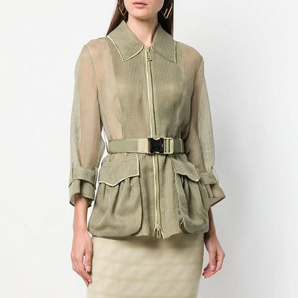 

women's jackets 2021 spring style europe and america fashion fold-down collar hollow out long sleeve zipper corset army green coat, Black;brown