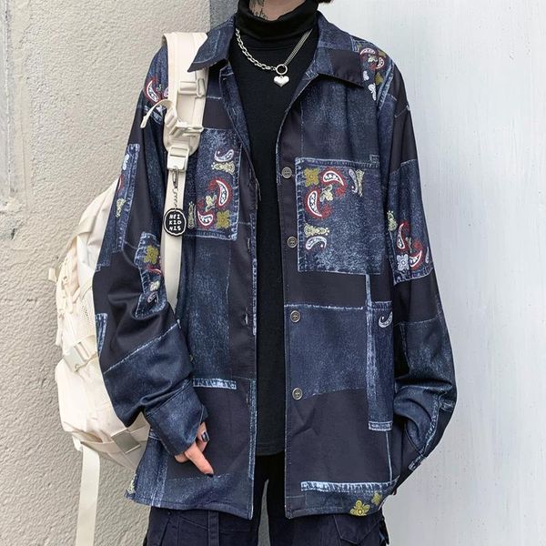 

vintage denim shirt women streetwear graffiti loose long sleeve blouse fashion contrast man oversize women's blouses & shirts, White