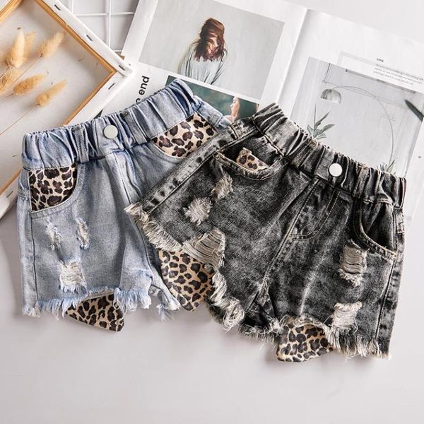 

baby girl denim shorts summer children jean hit pants leopard stitching casual loose jeans kids teens holes y2833, Black