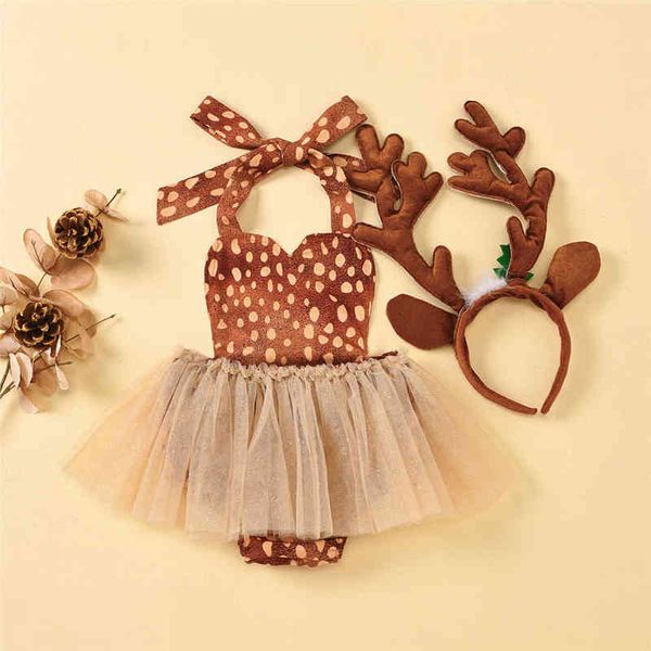 

infant baby girl deer bodysuits dress sleeveless strap jumpsuits lace mesh backless sunsuit christmas antlers headband set g1221, Blue
