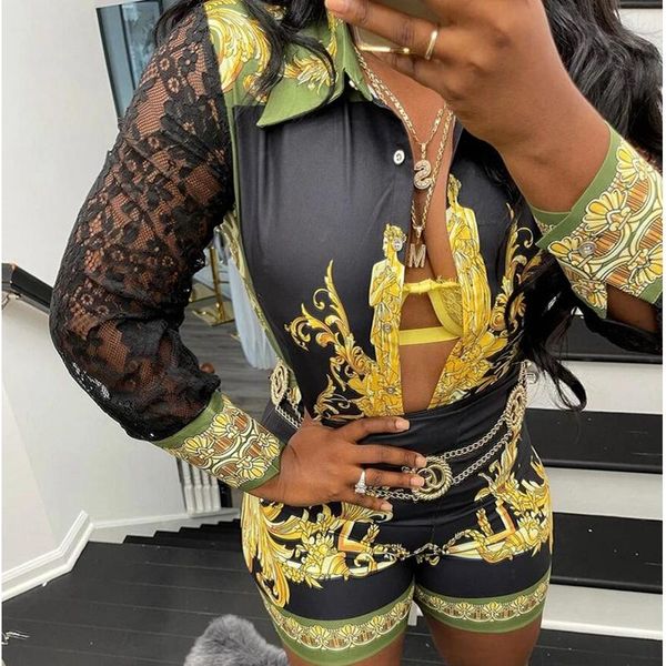 

women's tracksuits mandylandy tshirts sets 2 piece outfits shirt lace stitching shorts pants women long sleeve, Gray