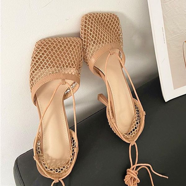 

dress shoes women square toe sandals 9cm 2021 summer air mesh fishnet strippy stripper high heels wedding brides luxury, Black