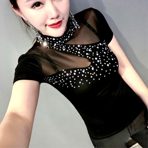 

women's blouses & shirts spring summer women black slim sparkle sequins tees patchwork white casual club ol cc085