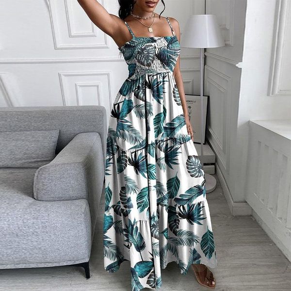 

casual dresses 2021 summer women vintage tropical printing high waist suspender dress, Black;gray