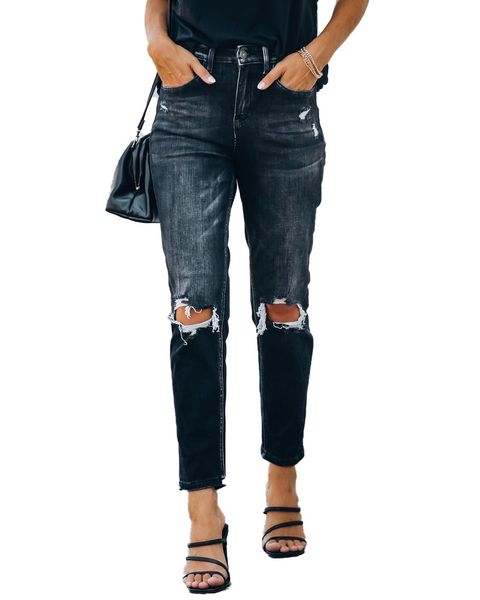 

women's ripped stretch denim jeans, Blue