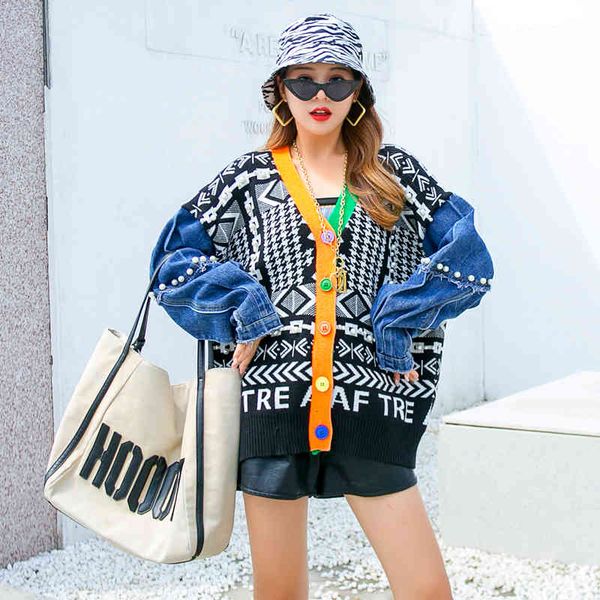 

sweaters autumn and winter loose wool retro denim stitching v-neck fashion brand beaded cardigan sweater, White;black