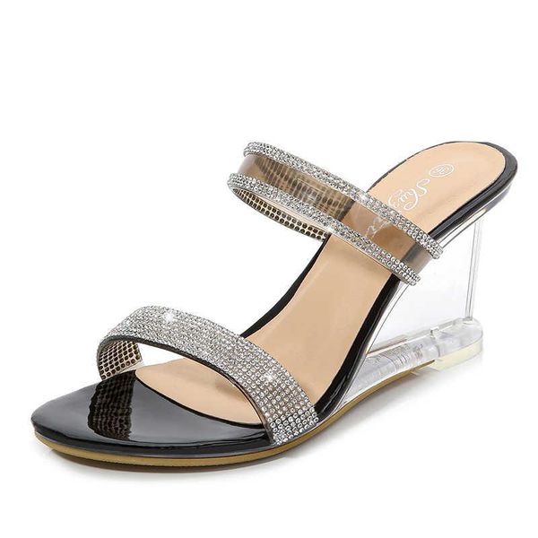 

slippers womens wedges crystal string bead bling transparent open toe sandals flip flops women shoes pvc slides plus size 43, Black