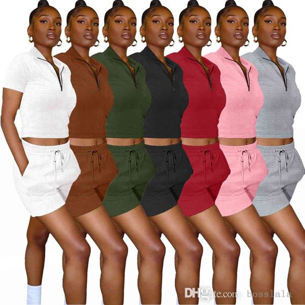 

women two 2 piece set solid color fashion fleece zip shorts jogging suit club casual short sleeve tight pants sports outfits s-2xl, Gray
