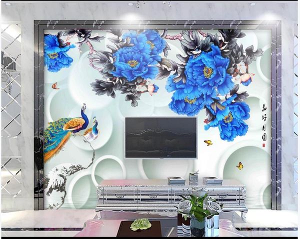 Sfondi Personalizzati Po Wallpaper 3d Murale Per Pareti 3 D HD Blu Peonia Sfondo Pavone Fiori Carte Da Parati