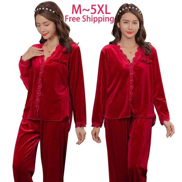 

5xl plus large size pyjamas lace women's velvet pajamas fat nightie woman pyjamas sleepwear kit warm bridesmaid pajama pj sets 211111, Black;red