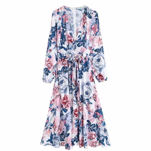 

spring women flower print deep v neck sashes midi dress female long sleeve clothes lady loose vestido d7213 210430, Black;gray