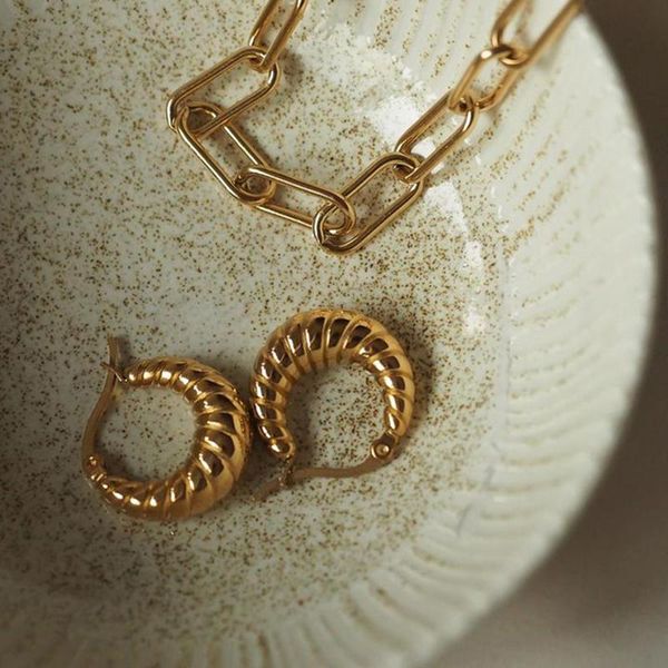

hoop & huggie 2021 tarnish trendy croissant stainless steel earrings for women 18k gold plated statement earring, Golden;silver