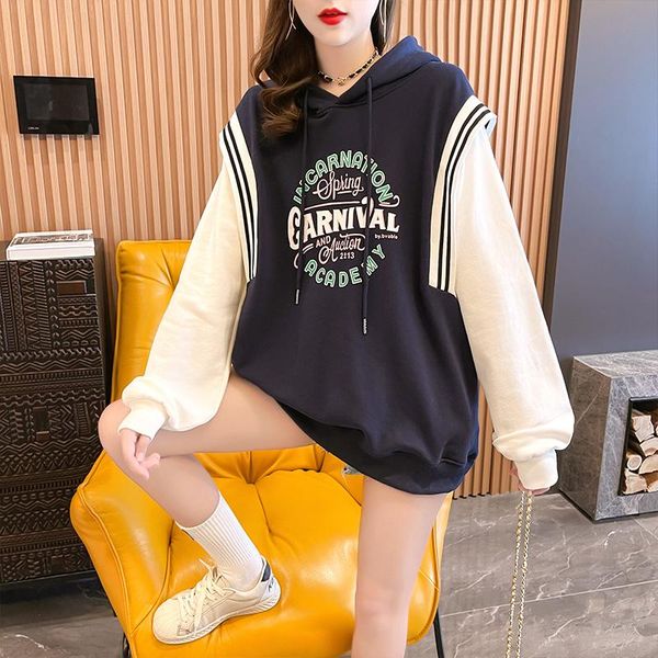 

women's hoodies & sweatshirts autumn college style letter printing hooded sweatshirt loose fake two piece pullover moletom feminino, Black