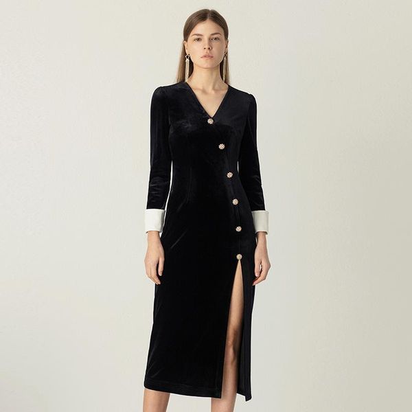 

casual dresses yigelila arrivals black dress vintage v-neck single breasted full sleeves empire solid sheath mid-calf 65451, Black;gray