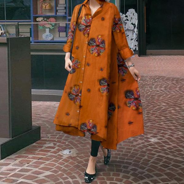 

women'casual shirt dress button up asymmetric midi 2021 vonda oversized vestido floral printed long sleeve lapel casual dresses, Black;gray