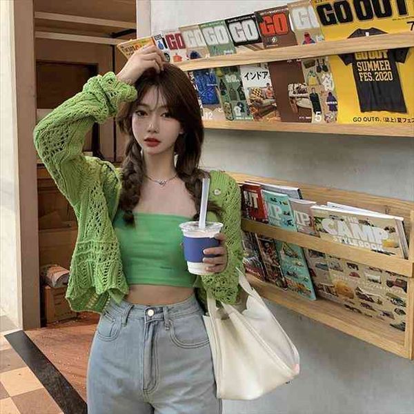 

green hollow knit cardigan women sweaters womens spring short camisole long sleeve ribbed suit, White;black