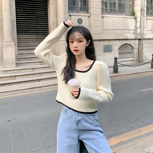 

women's sweaters 28tf women vintage elegant puff long sleeve sweater square neck ribbed knit pullover crop contrast color trim casu, White;black