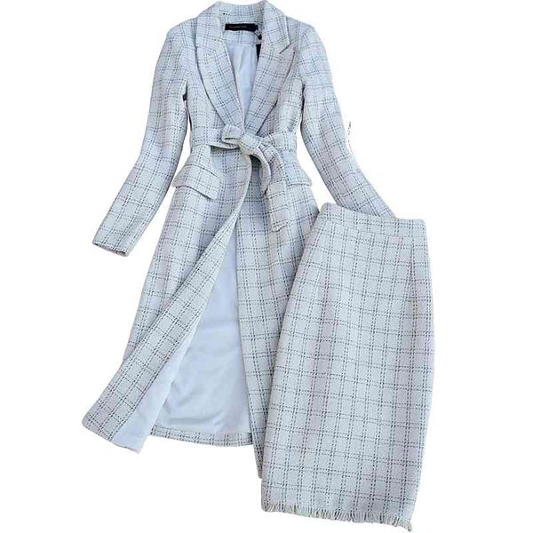 abiti da donna invernali di alta qualità gonna set moda plaid giacca lunga da donna cappotto elegante abito a due pezzi sottile 210527