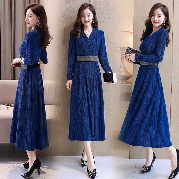 

casual dresses spring v-neck 2021 women elegant fashion long sleeve lady a-line dress, Black;gray