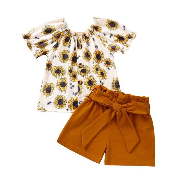 

clothing sets sunflowers floral print t-shirt toddler kids girl summer short sleeve +solid bow shorts outfits roupa infantil menina, White
