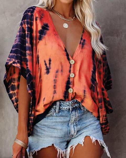 

spring summer women's plus size tie-dye print blouse new femme casual bat sleeve ladies v-neck button front wear 210415, White