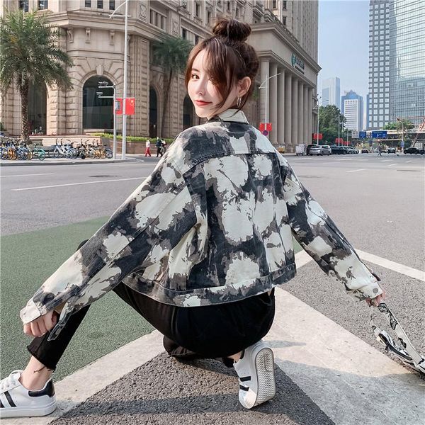 

vintage casul tie-dye denim jacket women's spring and autumn turn-down collar single breasted loose pockets korean short jackets, Black;brown