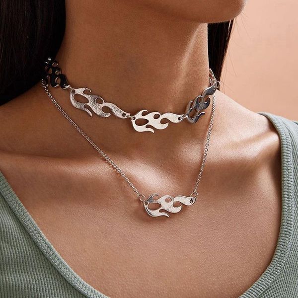 

pendant necklaces flame necklace sets punk accessory rock chain choker women men hip hop party accessories jewelry gift, Silver
