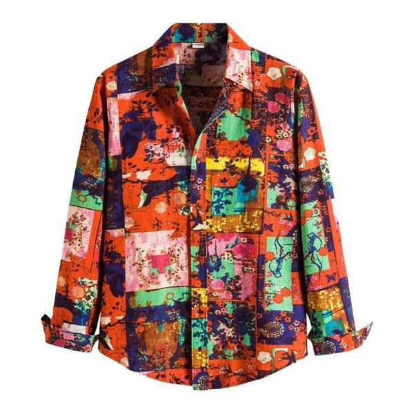 

summer mens holiday beach ethnic style long sleeve shirts flower printing hawaiian casual linen men shirt blouse loose fit men's, White;black