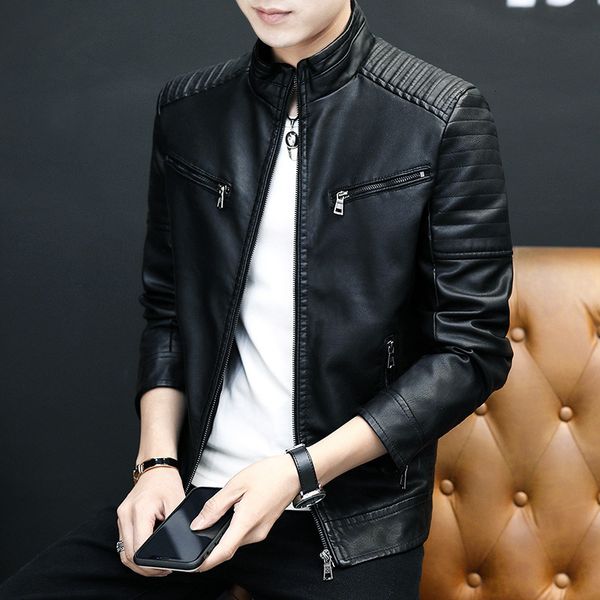 

zhi2021 autumn men's leather clothes slim pu jacket trend locomotive youth washing, Black;brown