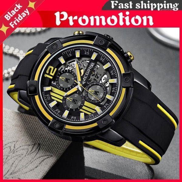 

wristwatches men's black silicone strap quartz watches chronograph sports wristwatch for man 3atm waterproof luminous hands 2097 yellow, Slivery;brown