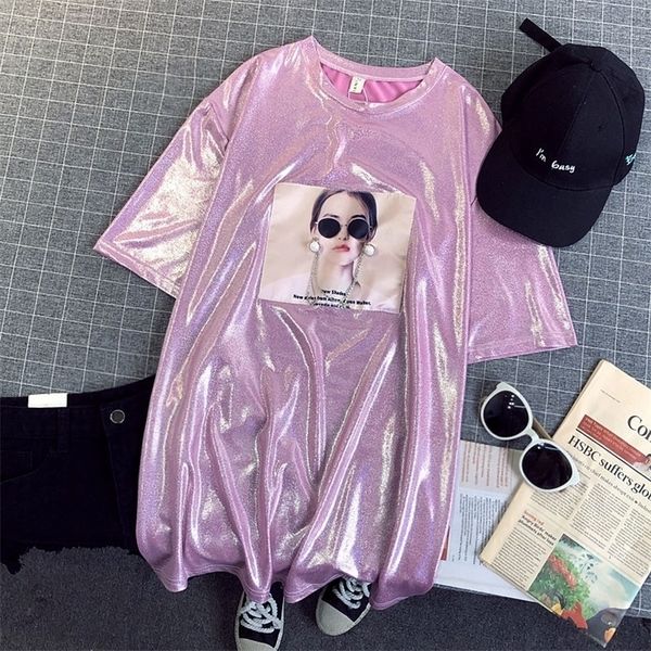 

summer ladies shiny t-shirt retro street wear loose short sleeve oversize women's club hip hop stylish bright tshirts 220312, White