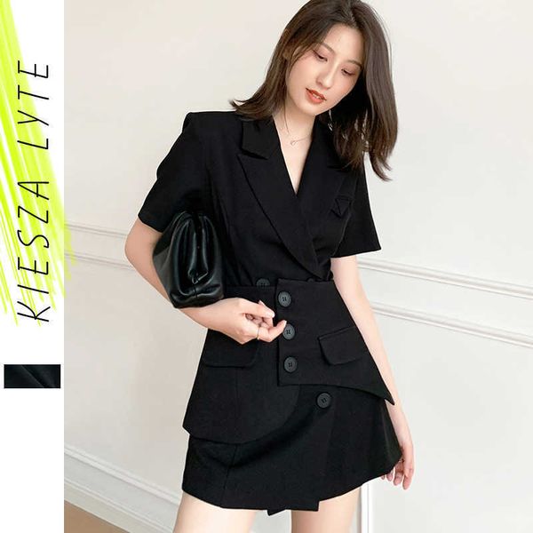

women black blazer dress high waist minority thin midi length suit jacket dresses street 210608, Black;gray
