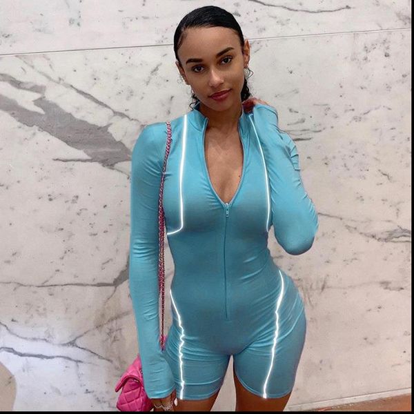 

striped reflective short casaul women jumpsuits neon long sleeve zipper bodycon playsuit night club wear body rompers, Black;white