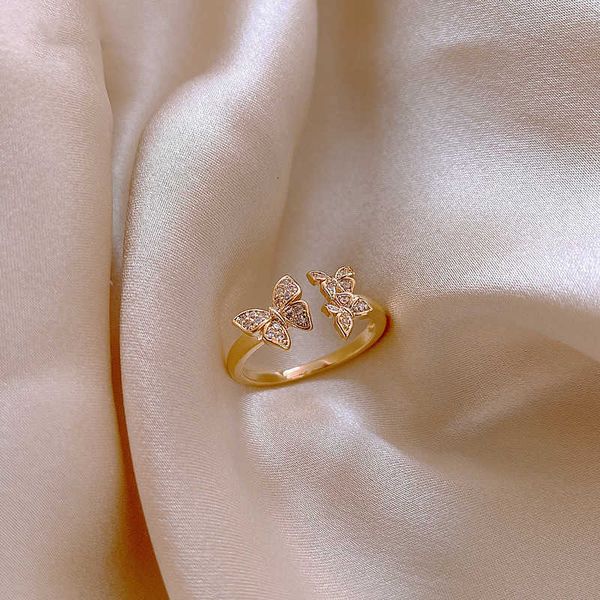 

real gold color plating fashion diamond butterfly ring light luxury indifference index finger abstaining red hand ornament, Silver