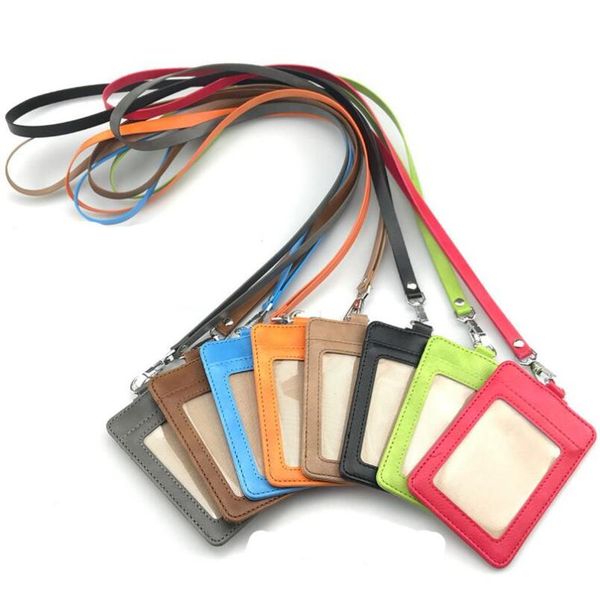 

card holders pu leather id holder business with neck strap lanyard badge accessories, Brown;gray